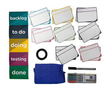 Kit Tarjetas ágiles SCRUM KANBAN, 40 tarjetas, títulos, 5 rotuladores y cinta
